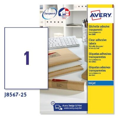 ΕΤΙΚΕΤΕΣ AVERY ΔΙΑΦAΝΕΣ INKJET 210X297 1 ΦΥΛΛΟ ΠΑΚΕΤΟ 25 ΦΥΛΛΩΝ