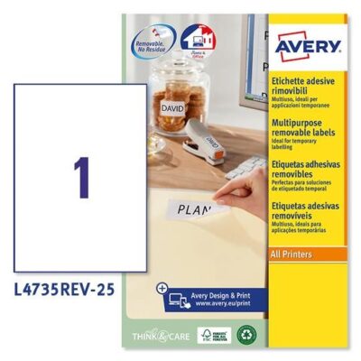 ΕΤΙΚΕΤΕΣ AVERY ΑΦΑΙΡΟΥΜΕΝΕΣ I+L+C 210 x 297MM 1 ΦΥΛΛΟ ΠΑΚΕΤΟ 25 ΦΥΛΛΩΝ + 5 ΔΩΡΟ