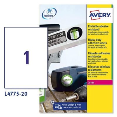ΕΤΙΚΕΤΕΣ AVERY ΠΟΛΥΕΣΤΕΡΙΚΕΣ LASER 210X297 1 ΦΥΛΛΟ ΠΑΚΕΤΟ 20 ΦΥΛΛΩΝ