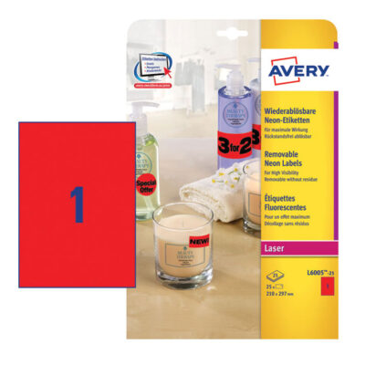 ΕΤΙΚΕΤΕΣ AVERY *ΝΕΟΝ ΚΟΚΚΙΝΕΣ LASER 210X297 1 ΦΥΛΛΟ ΠΑΚΕΤΟ 25 ΦΥΛΛΩΝ