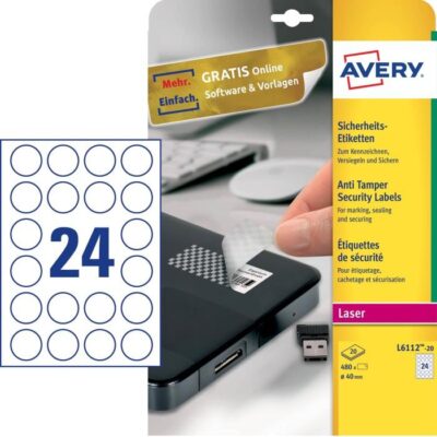 ΕΤΙΚΕΤΕΣ AVERY ΑΣΦΑΛΕΙΑΣ LASER ΔΙΑΜ.40 24 ΦΥΛΛΟ ΠΑΚΕΤΟ 20 ΦΥΛΛΩΝ